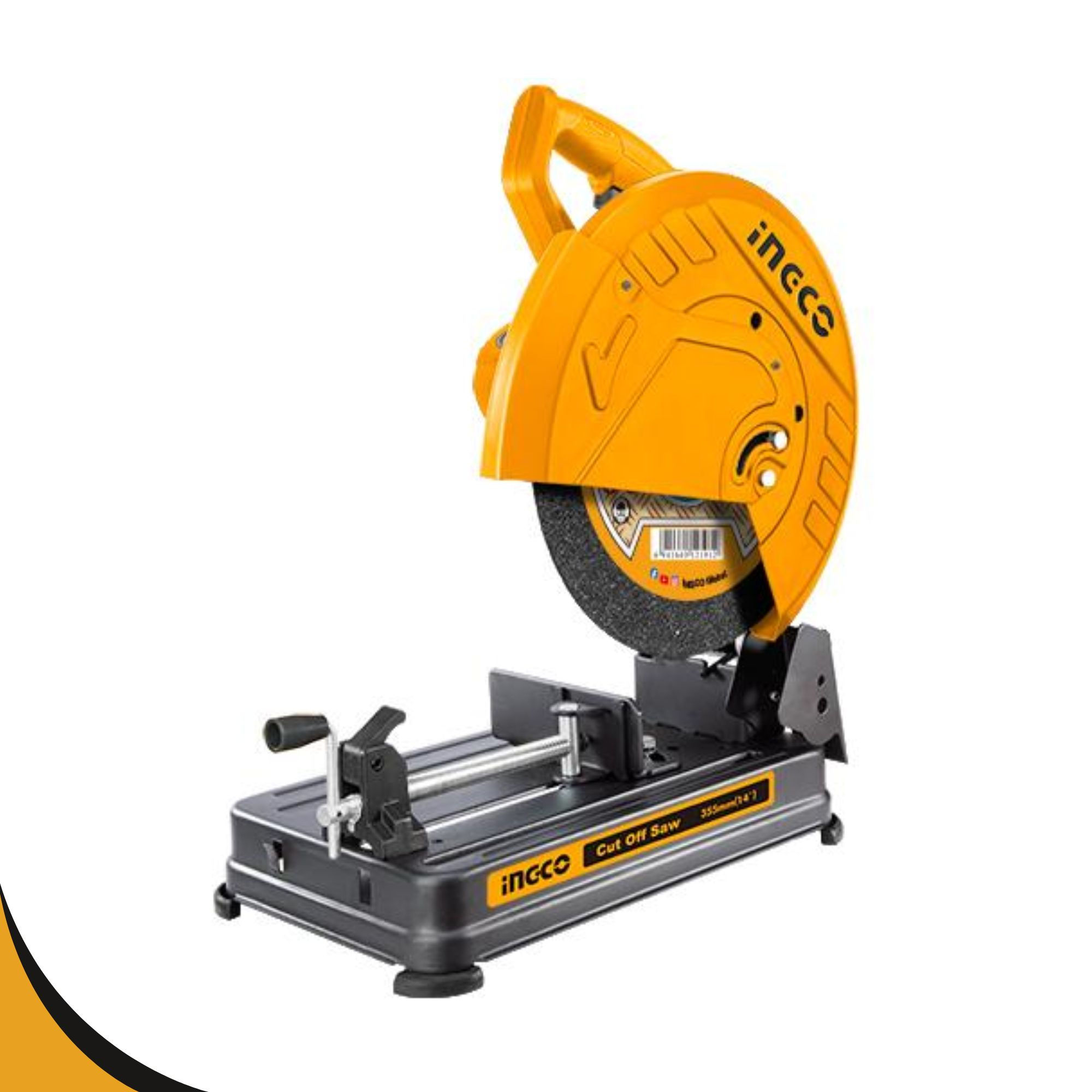 Front view of yellow INGCO 2400W Cut off Saw 14 Inch Blade with 355 mm Disc & 3900 RPM - COS243558