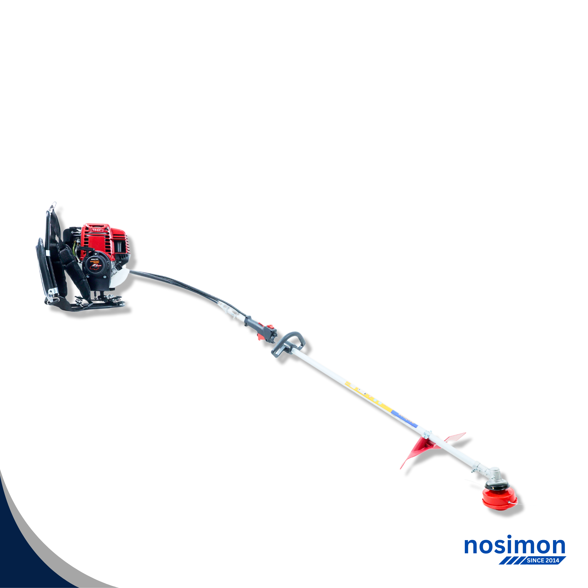 Front view of Nosimon 35cc Back Pack 4 Stroke Brush Cutter with Paddy Guard, Stand & Blades