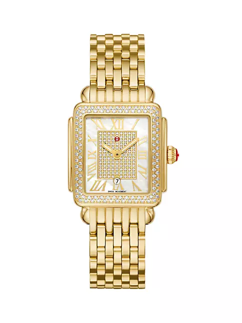 Michele Deco Madison Mid 18K-Gold-Plated Stainless Steel, Mother-Of-Pearl & 0.78 TCW Diamond Bracelet Watch/29MM x 31MM