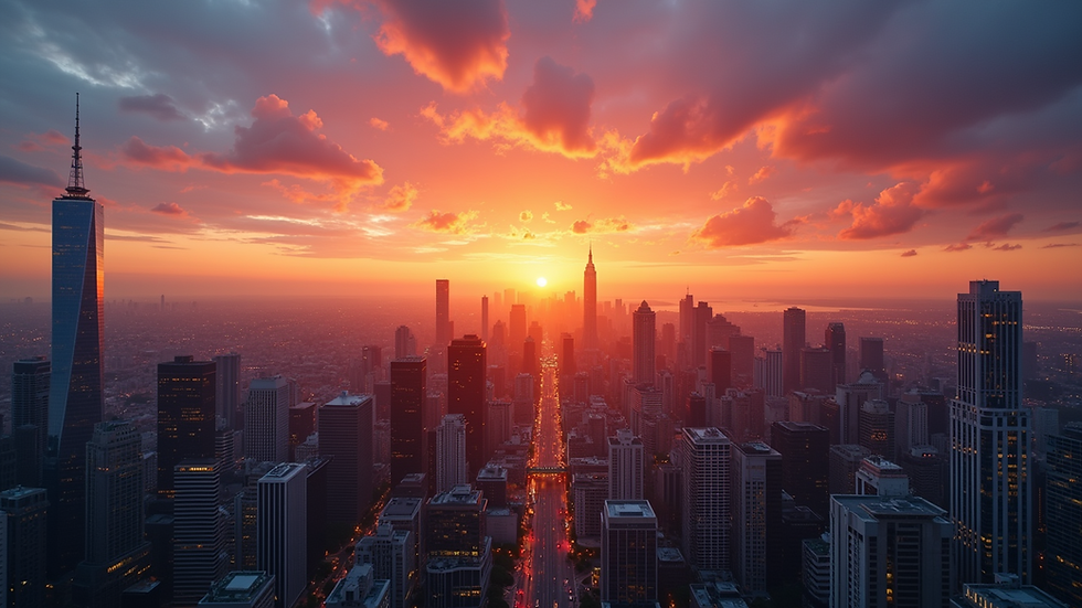 Eye-level view of a vibrant city skyline at sunset