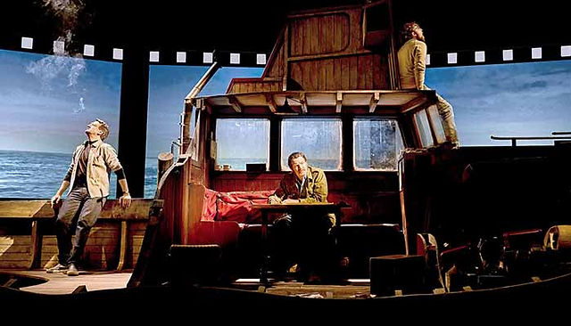 l-r Dan Fredenburgh as Roy Scheider; Ian Shaw as his father, Robert, and Ashley Margolis as Richard Dreyfuss in The Shark is Broken, about the making of Jaws