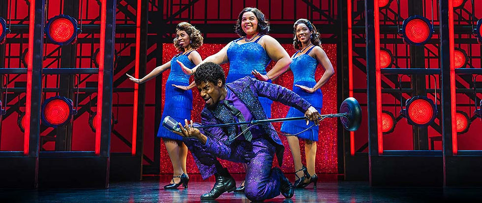 Brandon Lee Sears as singer Jimmy Early, with Dreamgirls (l-r Natalie Kassanga, Nicole Raquel Dennis and Paige Peddie. Pics: Matt Crockett