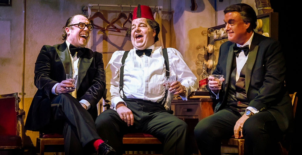 Bob Golding as Eric Morecambe, Damian Williams as Tommy Cooper and Simon Cartwright as Bob Monkhouse in The Last Laugh. cr Pamela Raith