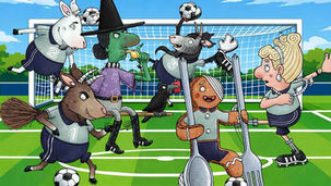 Animals playing football. Poster for Yarnbird Arts' Footy Fairy Tales