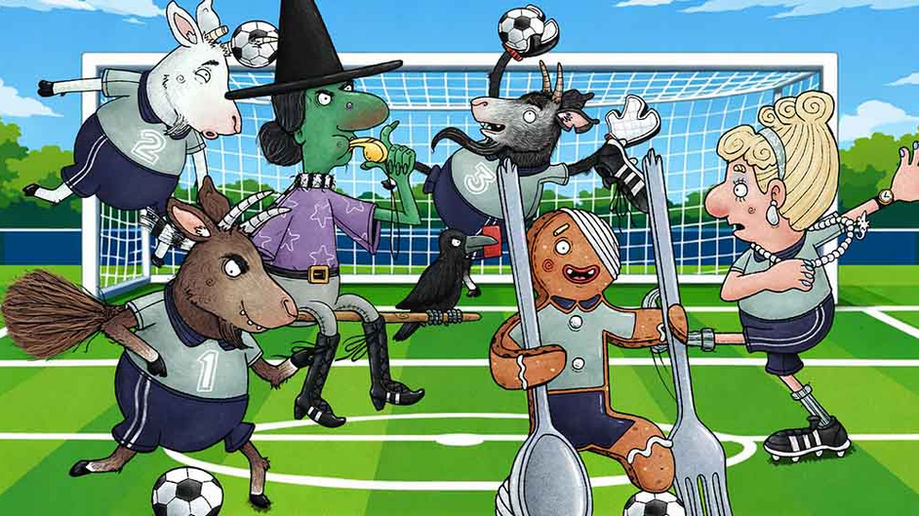 Animals playing football. Poster for Yarnbird Arts' Footy Fairy Tales