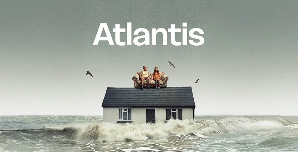 Poster for Theatr Clwyd climate drama, Atlantis. Two people sitting on a rooftop surrounded by rising seas