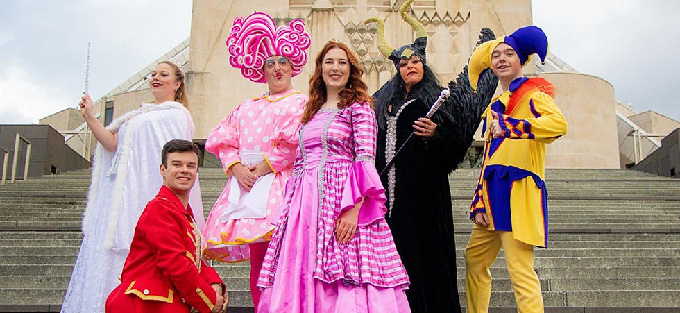 (L-R) Gabrielle Dams, Tony George-Owens, Aaron Hayes, Lucy Forrester, Lesley Butler and Brian Comer in Sleeping Beauty at Hope Street Liverpool