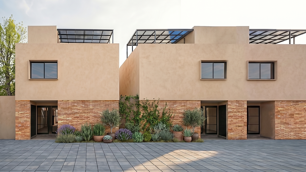 Proyecto estilo Town House Green House por Grupo Arco. Casa de arquitectura contemporánea que muestra una fachada con detalles en piedra natural, interiores cálidos con acabados en madera y mármol, un solárium acristalado rodeado de vegetación y una terraza superior equipada para la convivencia familiar.