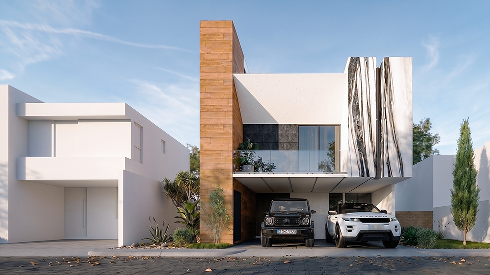Proyecto residencial Vilansa por Grupo Arco en Lomas de Angelópolis. Fachada de arquitectura moderna que destaca volúmenes blancos, un muro con textura de mármol de vetas negras y detalles cálidos, con cochera techada para dos autos. Diseño familiar que incluye un amplio jardín trasero, áreas sociales de concepto abierto, tres recámaras y espacio para roof garden.