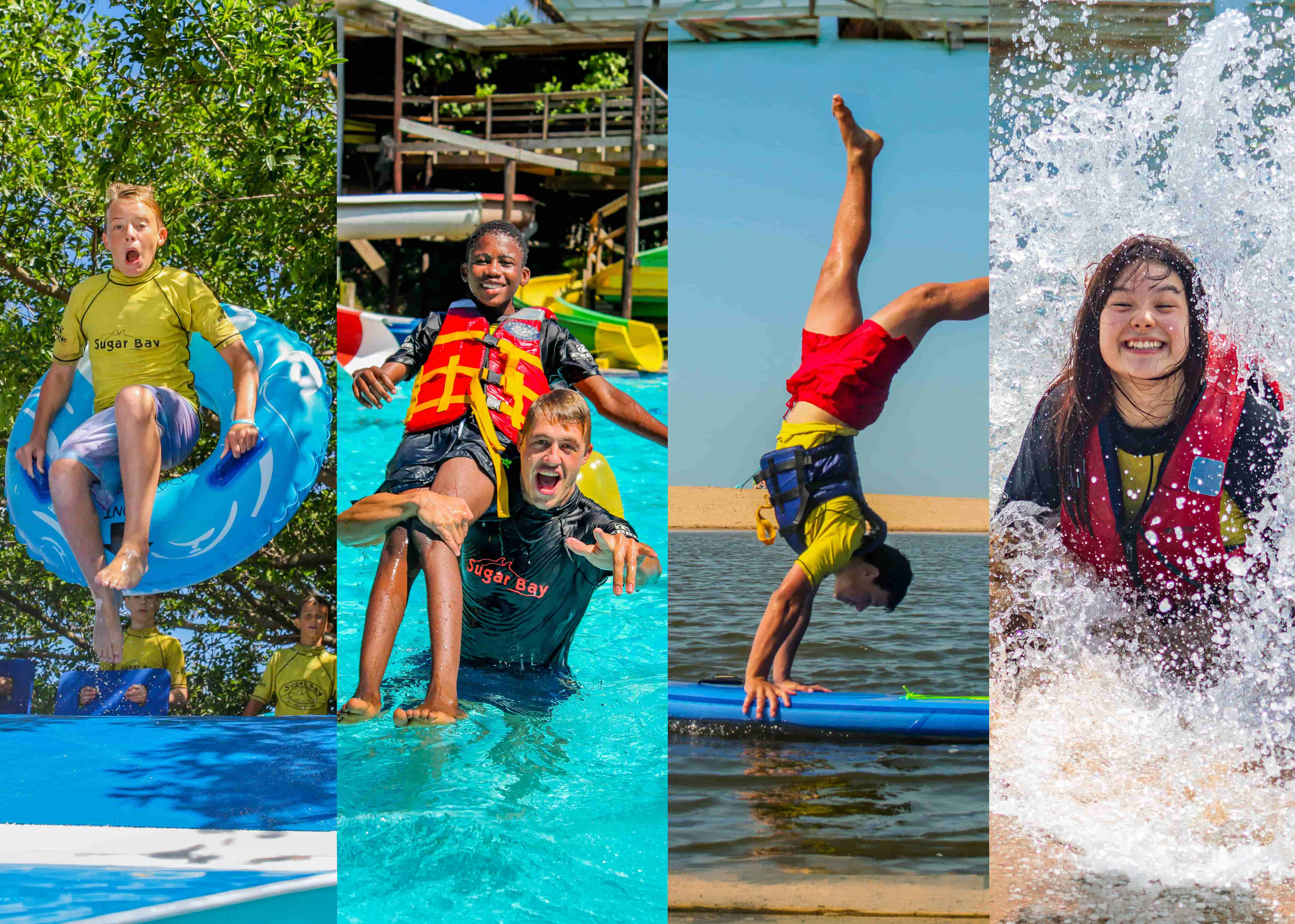 Collage of Sugar Bay campers enjoying water activities with counselors