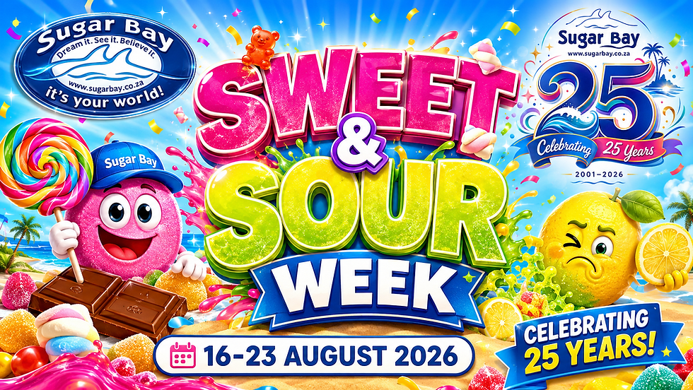 Bright Sugar Bay camp promo with pink SWEET & SOUR WEEK, mascot holding lollipop and lemon, 25 years, 16–23 August 2026. Sugar Bay camp, zinkwazi beach, south africa