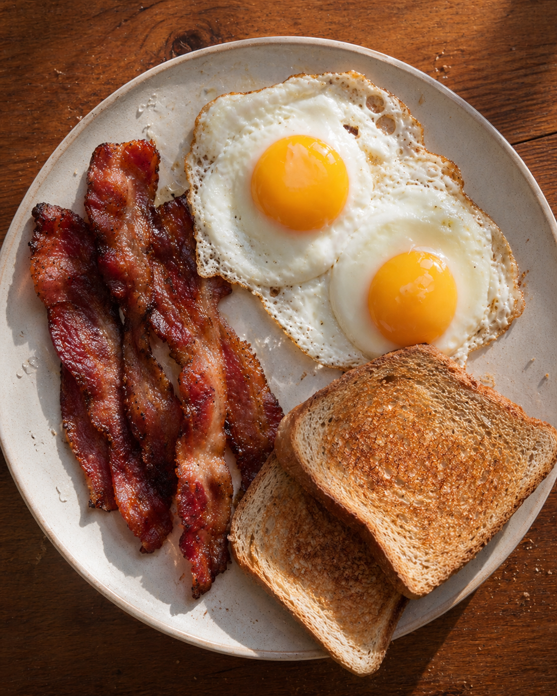 Eggs, bacon and toast on a breakfast plate.