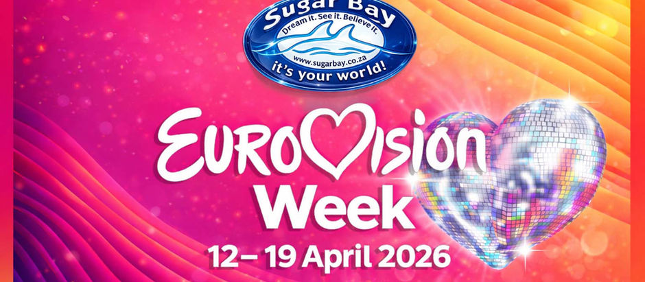 Bright Eurovision-inspired promotional banner for Sugar Bay’s Eurovision Week children’s holiday camp in Zinkwazi Beach, KwaZulu-Natal, South Africa, featuring vibrant concert colours and a disco-ball heart celebrating music, creativity and performance during the 12–19 April 2026 Easter school holiday camp.