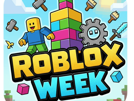 Roblox Week illustration with a block-style character, colourful building blocks and tools