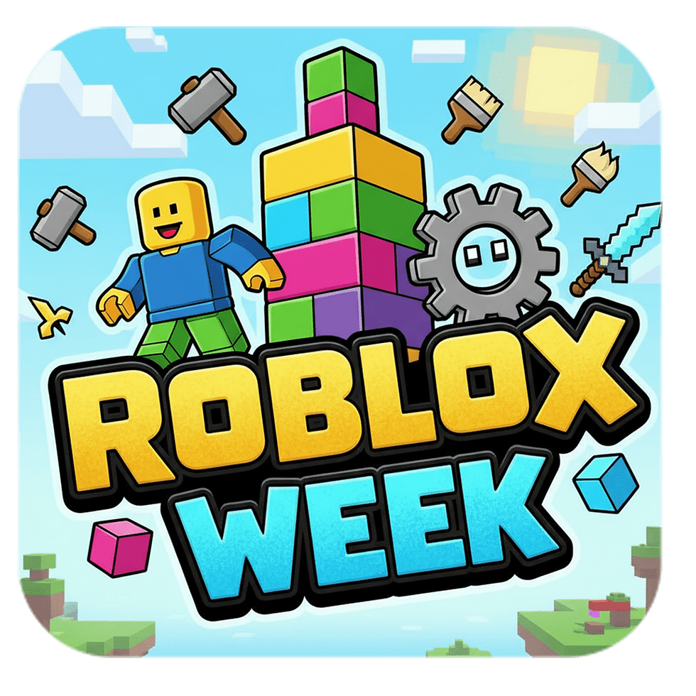 Roblox Week illustration with a block-style character, colourful building blocks and tools