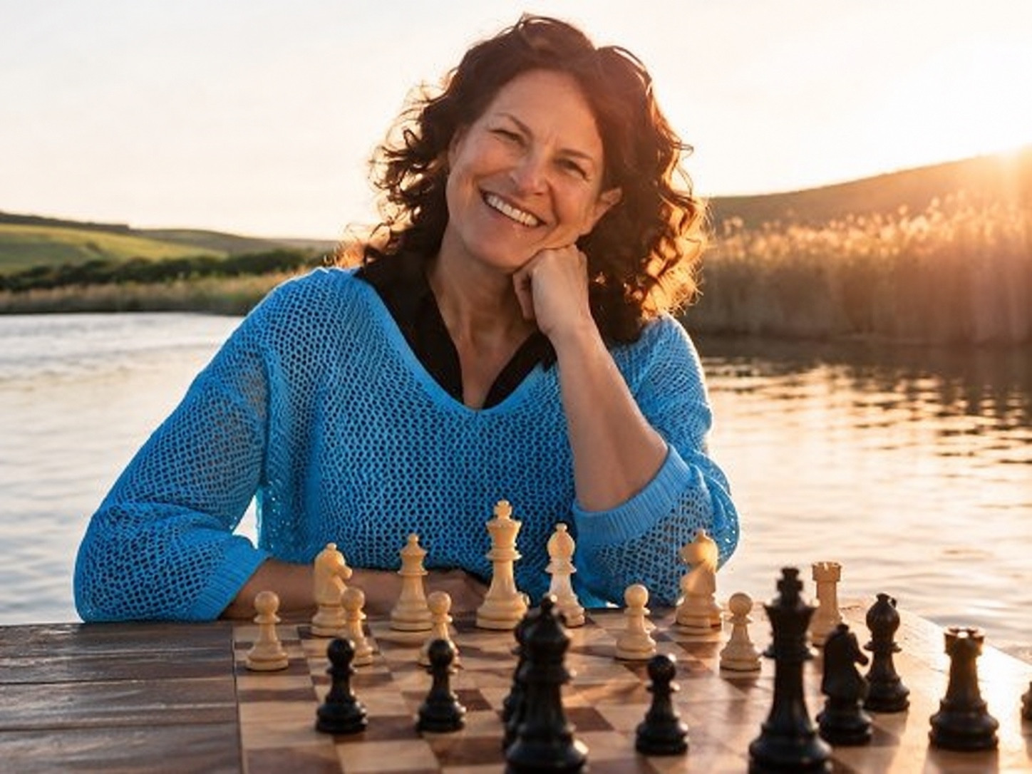 Sugar Bay founder Zoë Ellender sitting beside the water with a chessboard.