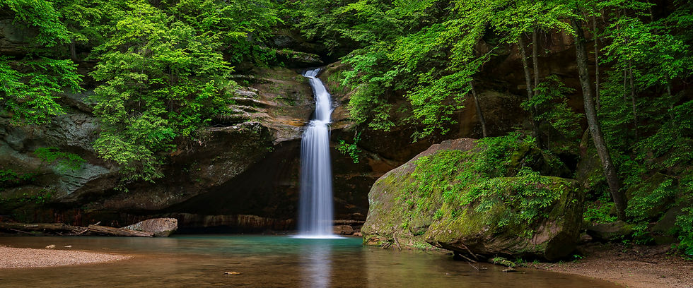 Hocking Hills Lower Falls gently flows into a clear pool. Landscape fine art  photography print and wall art for sale.