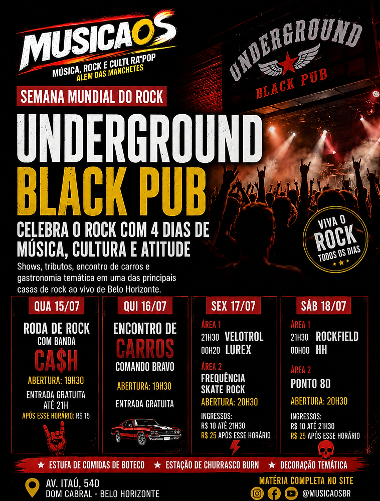 Underground Black Pub celebra a Semana Mundial do Rock com quatro dias de programação especial em Belo Horizonte