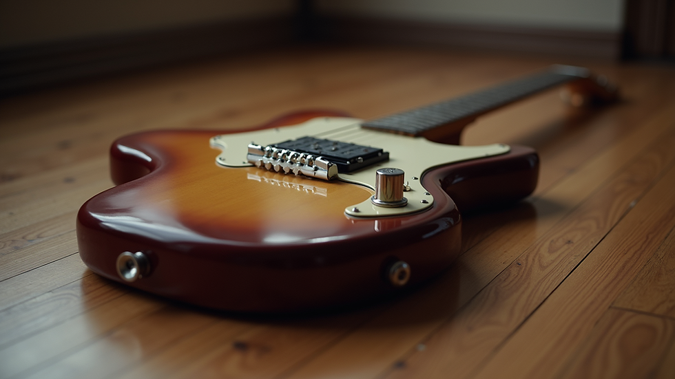Close-up view of a vintage electric guitar on a wooden floor