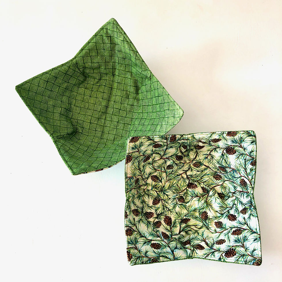 Thumbnail: Microwavable reversible bowl cozy with green and brown pinecones patterned fabric