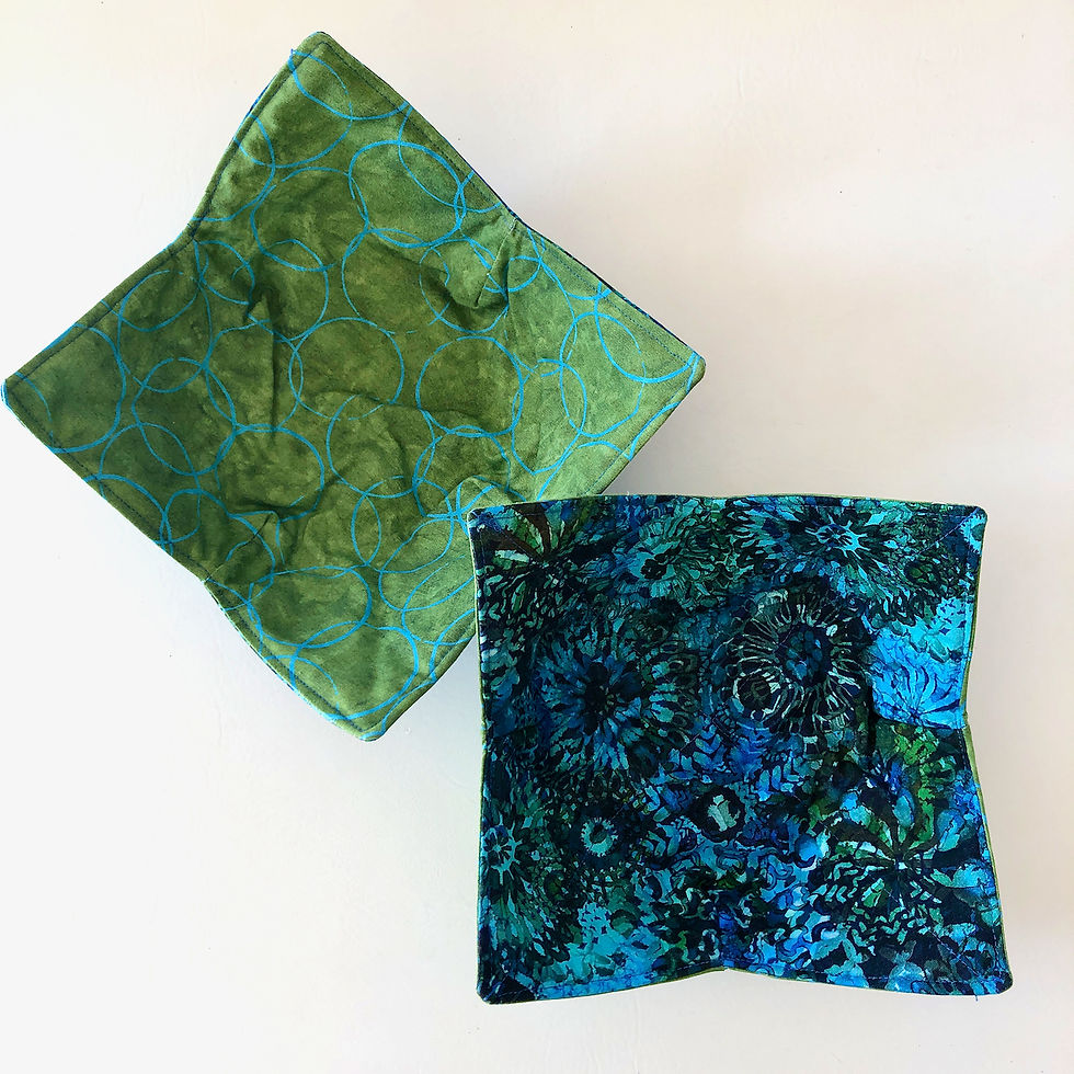 Thumbnail: Microwavable reversible bowl cozy with blue and green batik patterned fabric