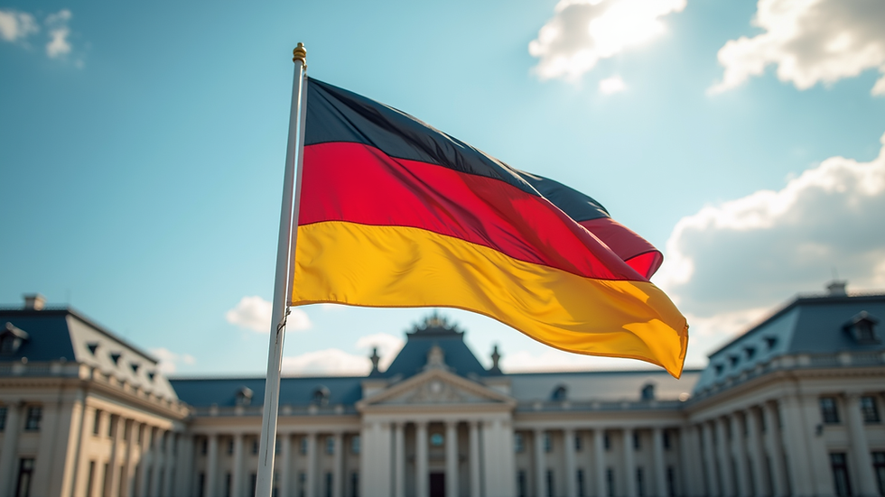 Eye-level view of a German flag waving in front of a government building