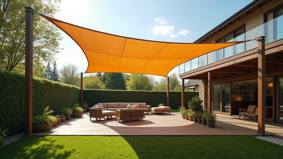 Eye-level view of a triangular custom shade sail over a backyard patio
