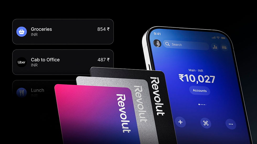 Smartphone display showing Revolut balance ₹10,027. Bank cards in pink and black. Expenses listed: Groceries ₹854, Cab ₹487. Black background.