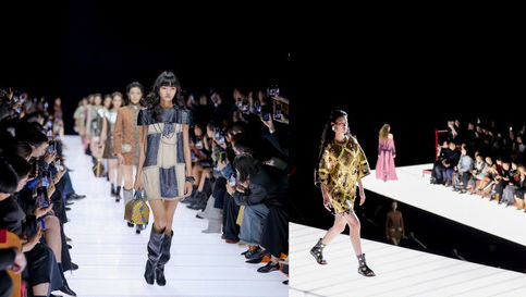 Runway and celebrity portraits from the Louis Vuitton Cruise 2026 show in Macau, featuring models walking the runway and guests posing in front of the LV monogram wall.