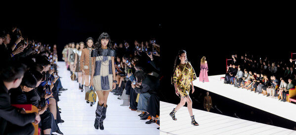 Runway and celebrity portraits from the Louis Vuitton Cruise 2026 show in Macau, featuring models walking the runway and guests posing in front of the LV monogram wall.