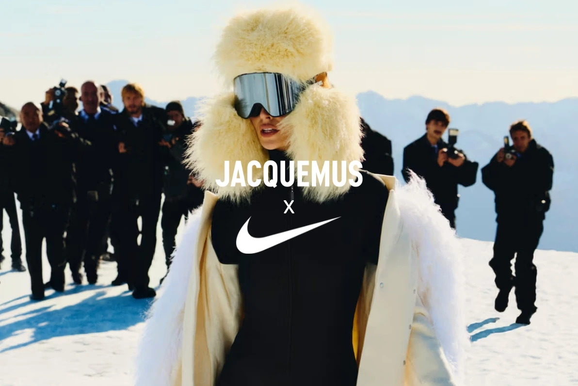 A striking winter portrait from the Nike × Jacquemus Après Ski campaign, blending high-fashion drama