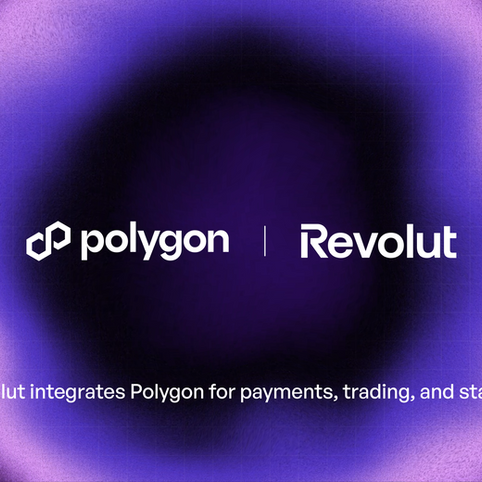 Revolut and Polygon integration visual showing mobile app interface and blockchain network graphics.