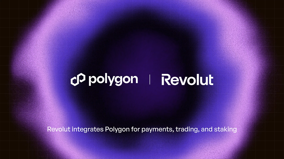 Revolut and Polygon integration visual showing mobile app interface and blockchain network graphics.