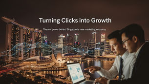 Two professionals in Singapore analyze marketing data on a laptop overlooking the Marina Bay skyline at night, symbolizing affiliate marketing’s rise as a growth engine.