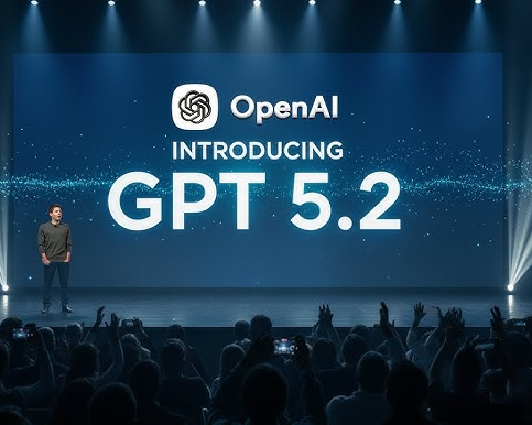 OpenAI introduces GPT-5.2 on stage, showcasing the model’s advanced AI capabilities during a major launch event.