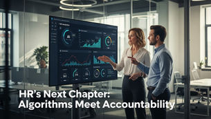 HR professionals collaborating with AI-driven data dashboards in a bright office, symbolizing accountability and the human side of digital transformation.
