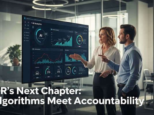 HR professionals collaborating with AI-driven data dashboards in a bright office, symbolizing accountability and the human side of digital transformation.