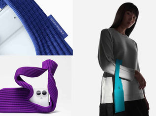 Apple × Issey Miyake iPhone Pocket in pleated fabric, shown in bold colors with a model demonstrating the wearable tech accessory.