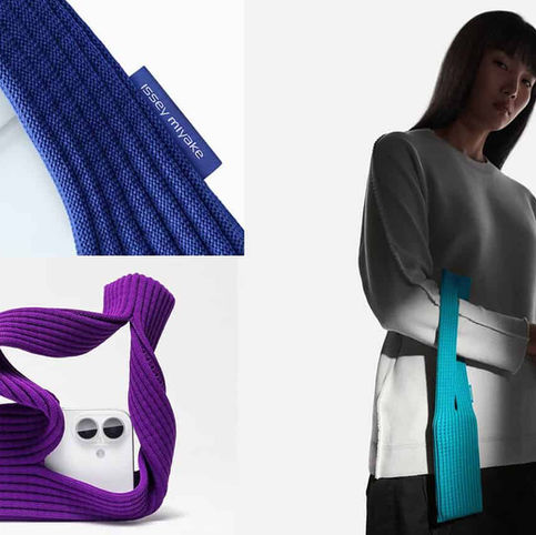 Apple × Issey Miyake iPhone Pocket in pleated fabric, shown in bold colors with a model demonstrating the wearable tech accessory.