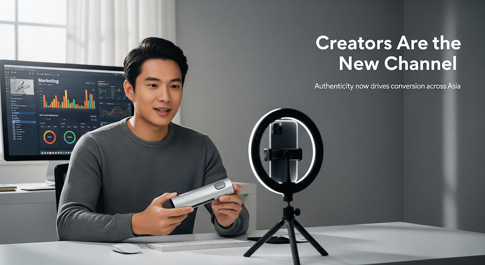 An Asian content creator films a product demo with studio lighting and analytics displayed on a monitor, representing the rise of creator-led affiliate marketing.