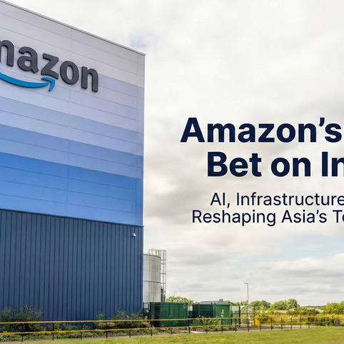 Amazon warehouse exterior with headline text highlighting Amazon’s $35B investment in India and its focus on AI, infrastructure, and job creation.