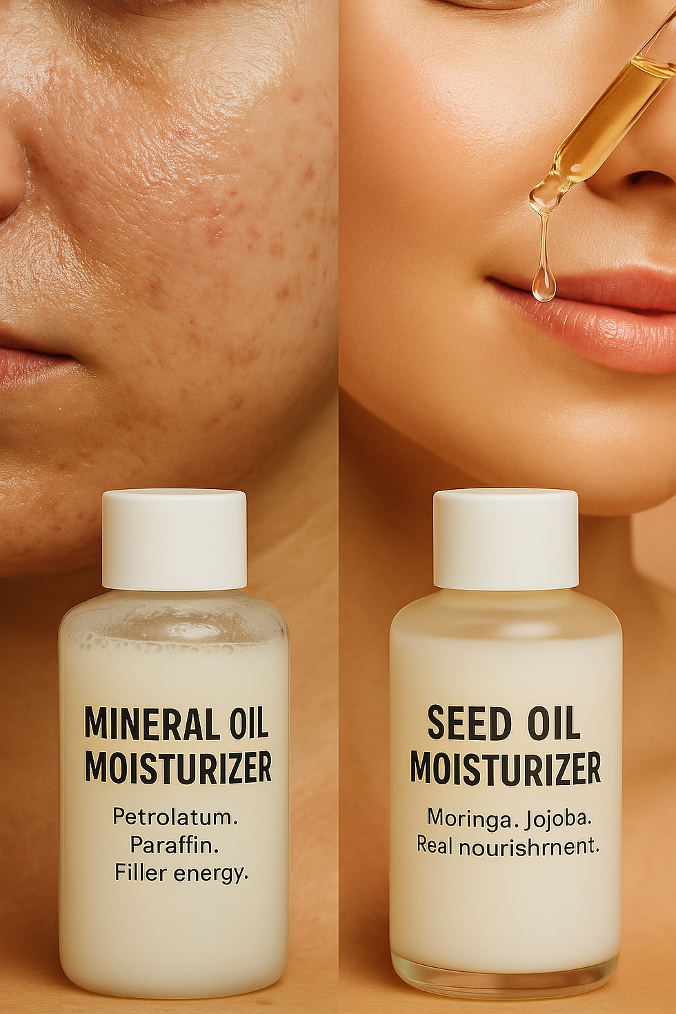 Side-by-side comparison of greasy, pore-clogged skin using petroleum products vs. soft, glowing skin using natural seed oil moisturizer