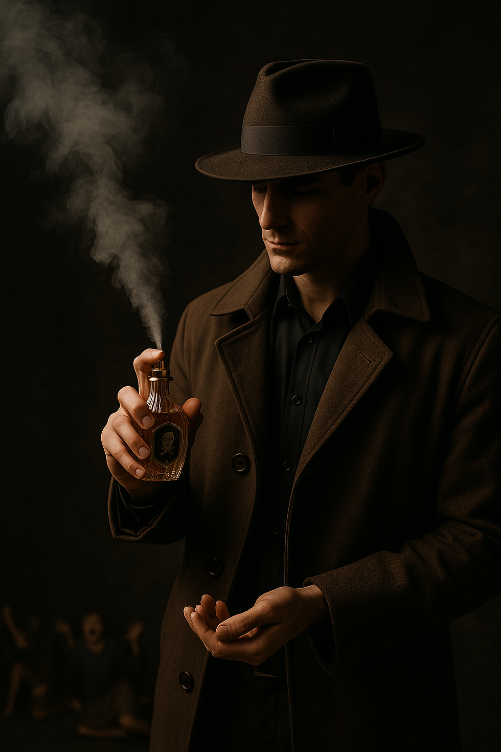 Mysterious figure in a trench coat spraying black smoke from a fancy perfume bottle marked with a skull — representing hidden fragrance chemicals