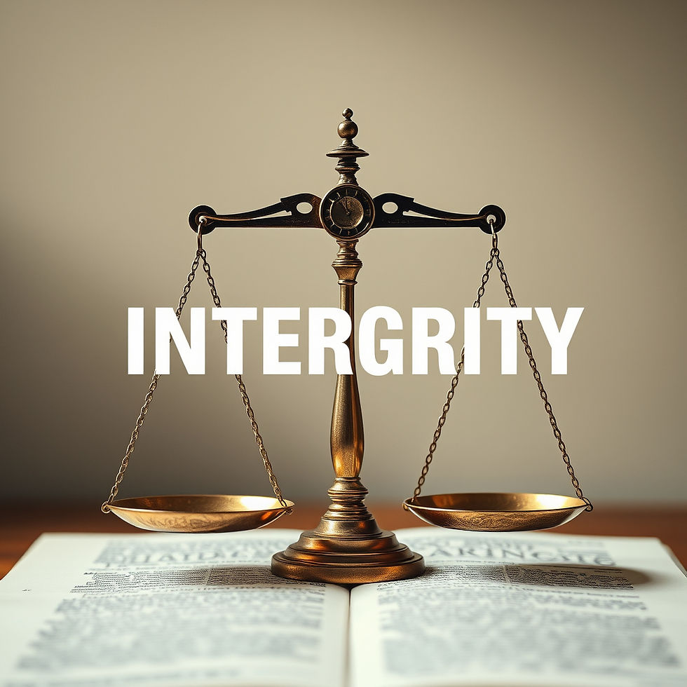 A vintage Justice scale with text overlay that reads "Integrity"