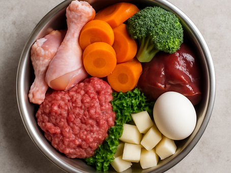 Raw dog food bowl with fresh meat, vegetables, and egg, representing a balanced fresh diet for dogs