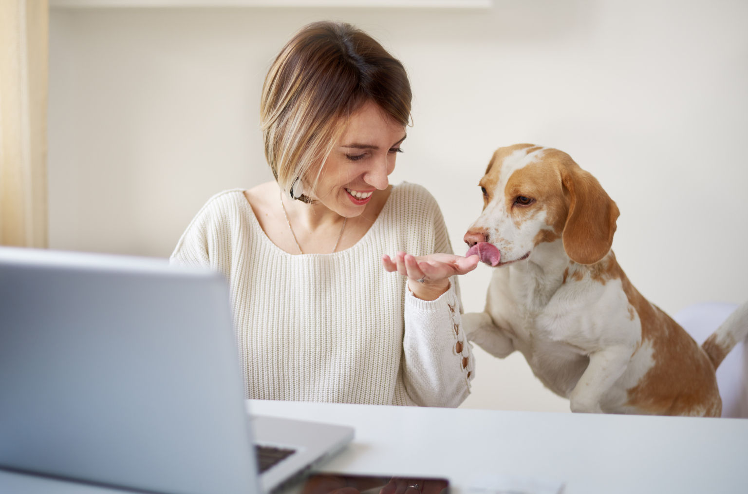 A woman and a dog in front of the laptop