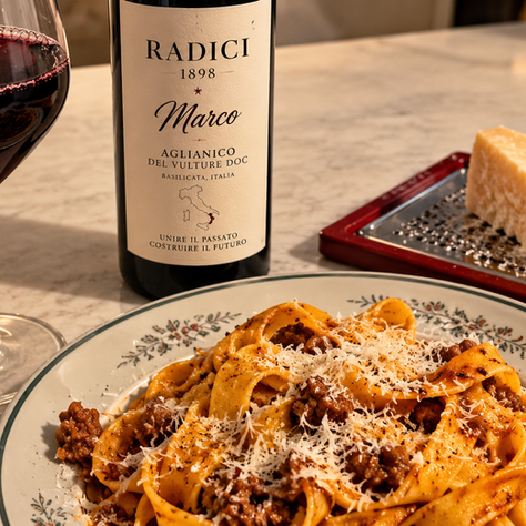 Tagliatelle fatte in casa con ragù, vino Marco Aglianico del Vulture e Parmigiano Reggiano