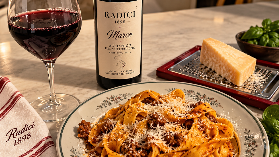 Tagliatelle fatte in casa con ragù, vino Marco Aglianico del Vulture e Parmigiano Reggiano