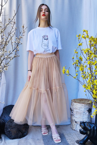 Maxi Skirt Layered Tulle Skirt Beige Maxi Tulle Champagne Layered