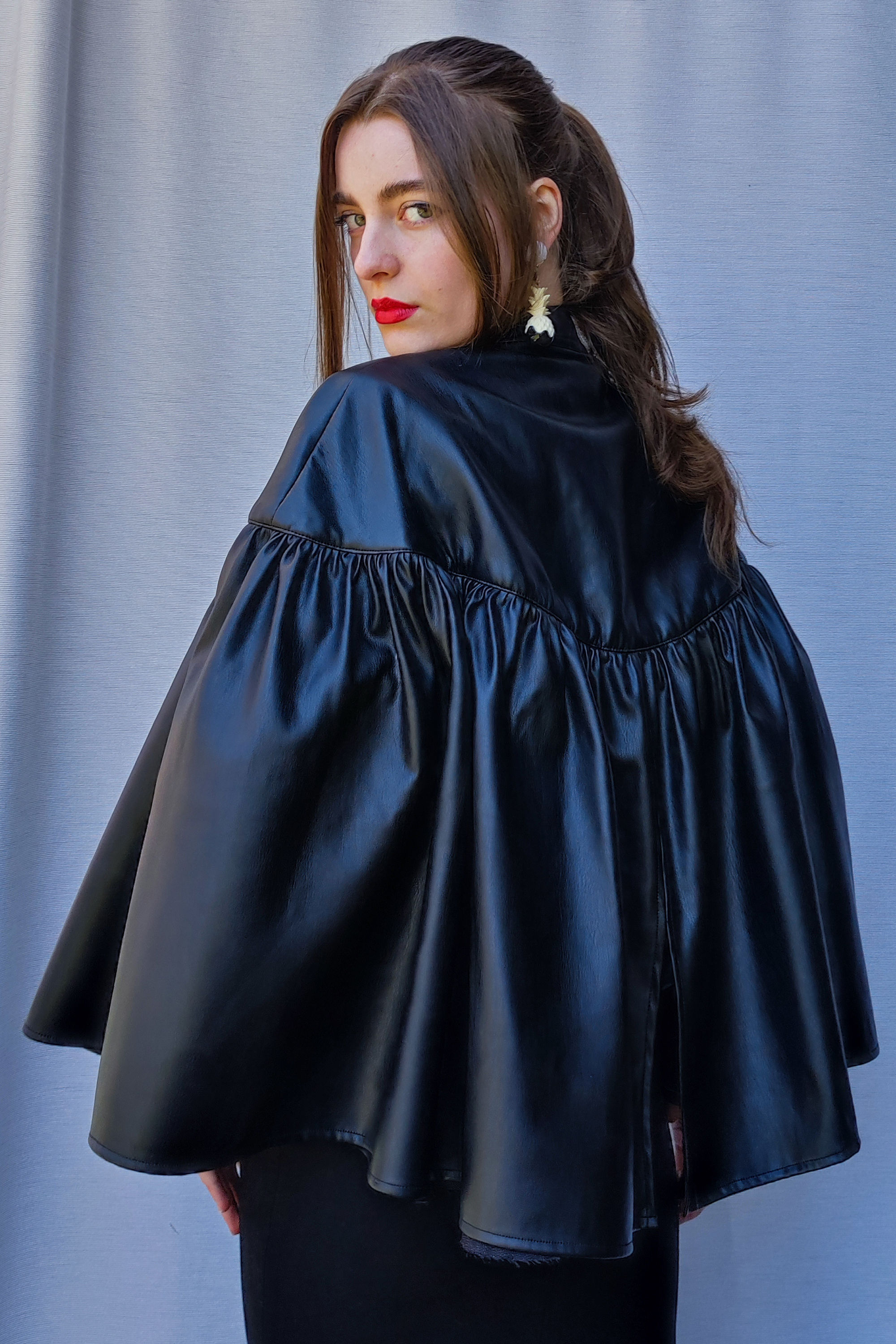 | DORA | ruffled cape jacket | smooth vegan leather